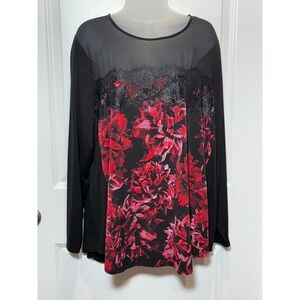 Cupio Curvy‎ Black Floral Lace Mesh Long Sleeve Top Plus 1X Sheer Shirt Work